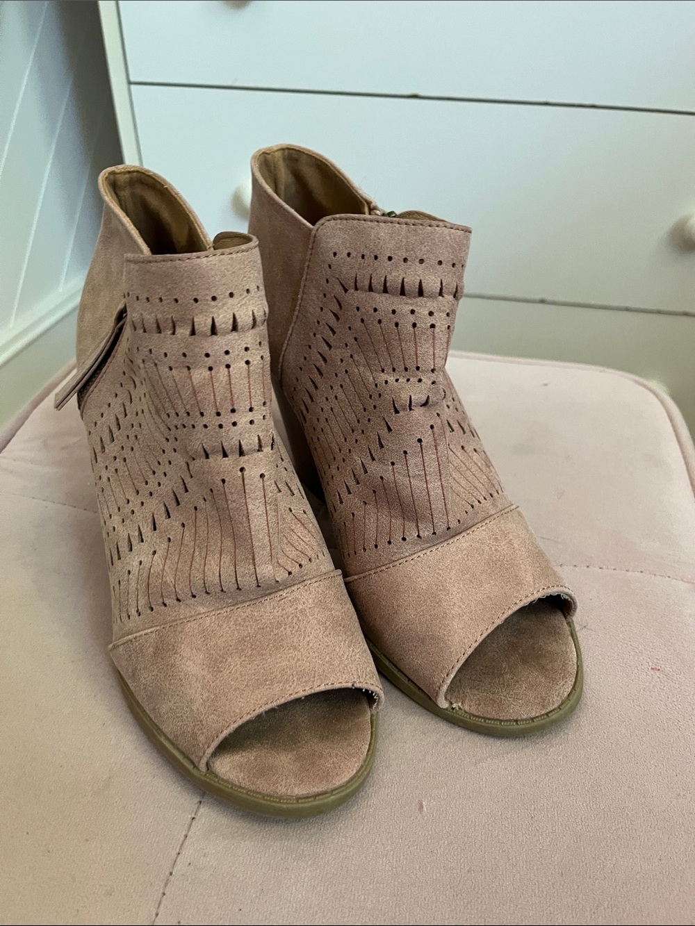 Womens Taupe Peep-Toe Laser-Cut Ankle Booties